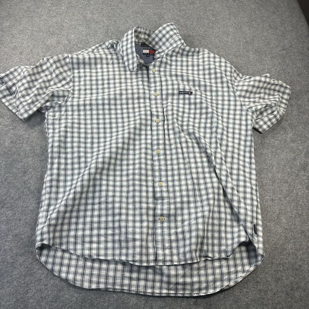 Vintage Tommy Jeans Shirt Mens XL Gray Plaid Short Sleeve Button Up Casual